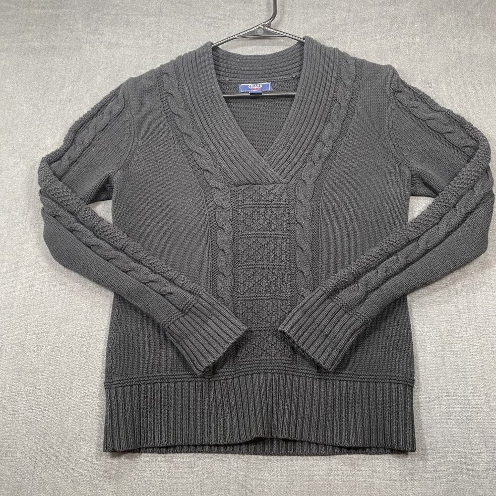 Chaps Womens Black Cable Knit Pullover Sweater Classic V-Neck Size Medium